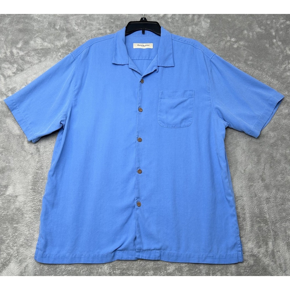 Tommy Bahama Men's Blue 100% Silk Short Sleeve Button-Down Shirt